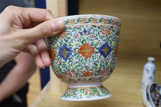 19thC Chinese famille rose bowl, B&W snuff bottle & 2 spoons